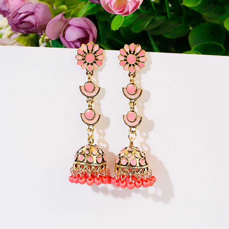 Indian Wedding Supply - Ethnic Long Pink Flower Jhumka Earrings