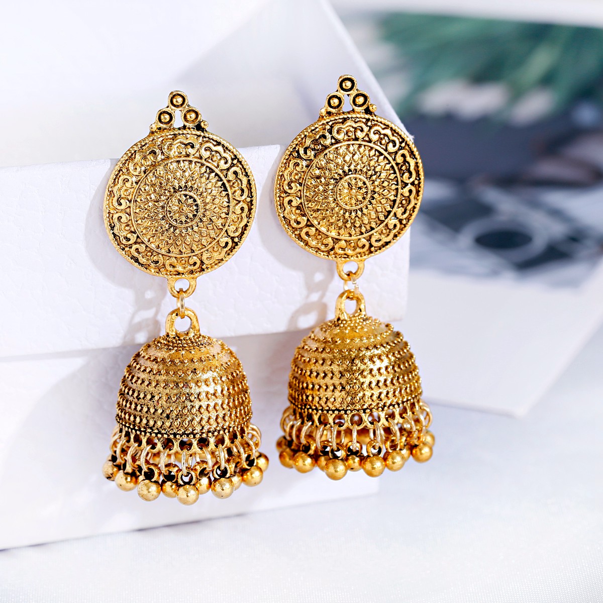Indian Wedding Supply - Vintage Ethnic Gold Color Jhumka Earrings